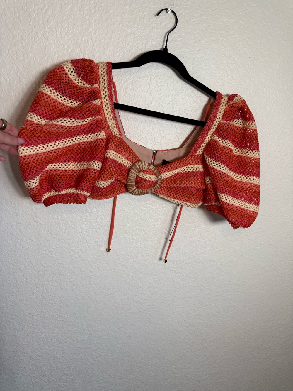 PatBO Orange and Cream Crochet Puff-Sleeve Crop Top & Ruffle Shorts Set - Picture 11 of 16